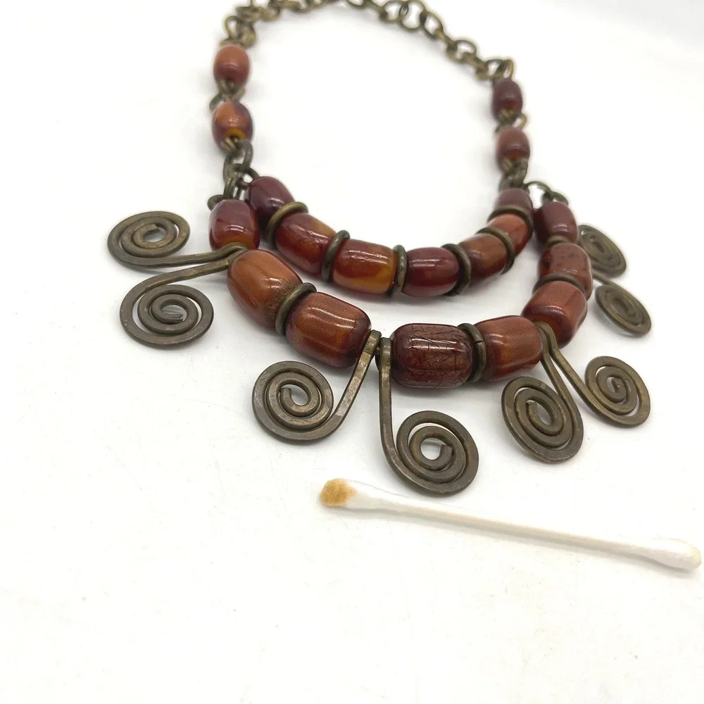 Vintage Phenolic Bakelite Brass Spiral Bib‎ Statement Necklace Tribal
